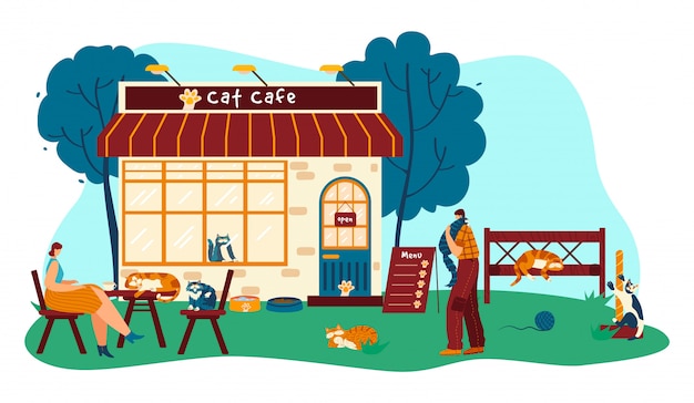  Cat  cafe  with funny pets cartoon characters people  drink 