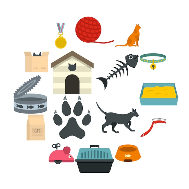 Cat care tools icons set in flat style Premium Vector