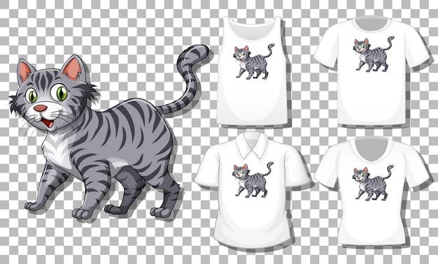 Free Vector Cat Cartoon Character With Set Of Different Shirts Isolated On Transparent Background