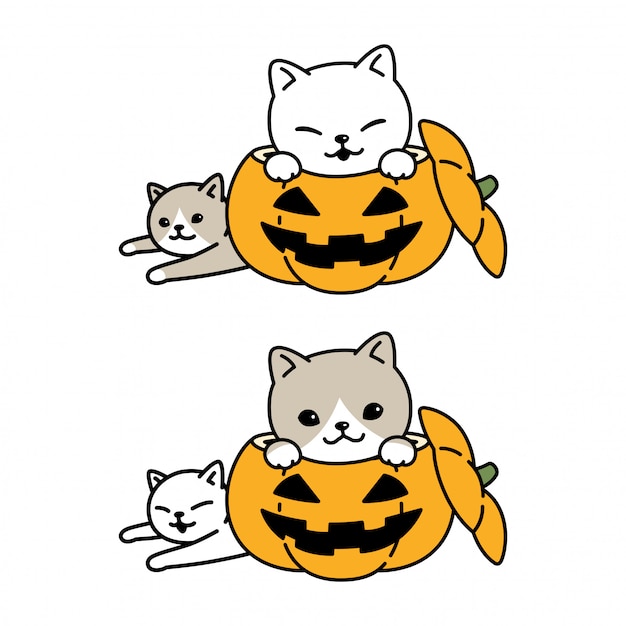 猫漫画ハロウィンかぼちゃ子猫のキャラクター プレミアムベクター