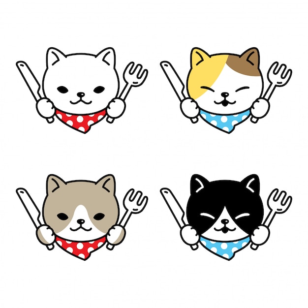 猫漫画子猫三毛猫料理シェフのキャラクターを食べる プレミアムベクター