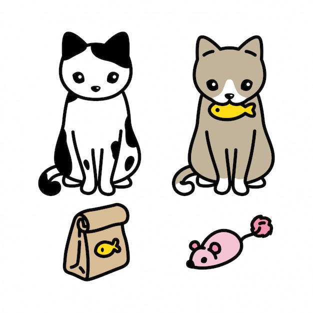 猫漫画子猫食べ物魚ラットマウスキャラクター プレミアムベクター