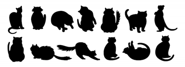 猫キャラクターコレクション 黒のフラット漫画シルエットセット 別の子猫の品種 ペットのキャラクター 面白い猫が座って寝ています 異なる縞模様の斑点 手描きの孤立した図 プレミアムベクター