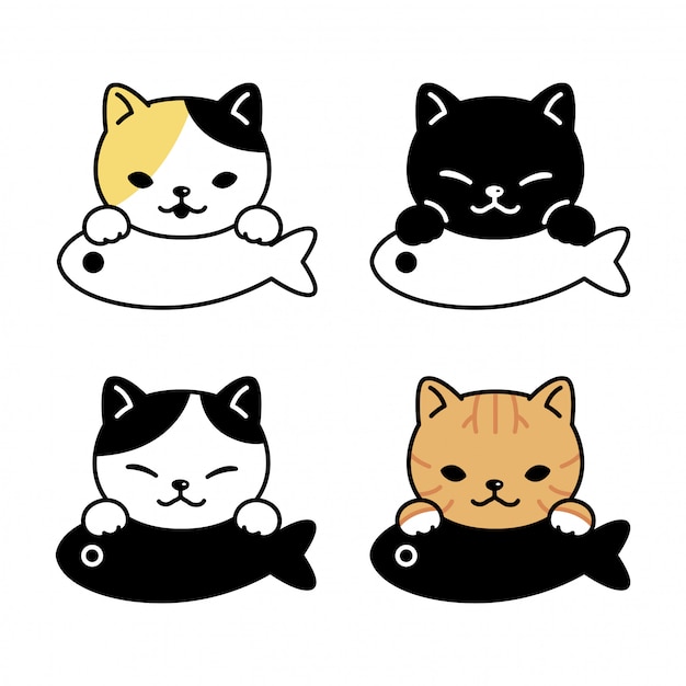 猫キャラクター子猫三毛猫魚漫画イラスト プレミアムベクター
