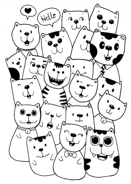 猫キャラクタースタイル落書きイラスト子供のための着色 プレミアムベクター