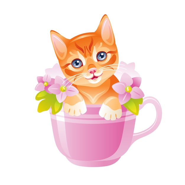 Premium Vector Cat Cute Kitten Sitting In Flower Cup Cartoon Cat Drawing Funny Kitty In Watercolor Style