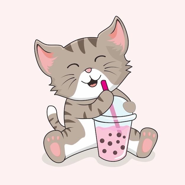 Premium Vector Cat drink boba bubble tea isolated on pink