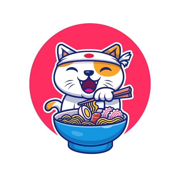 猫がラーメンを食べるアイコンのイラスト 猫ロゴマスコット漫画のキャラクター 分離された動物アイコンコンセプトホワイト プレミアムベクター