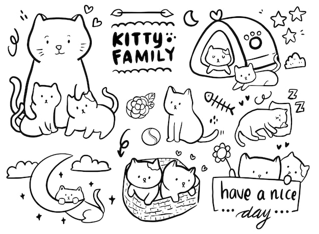 Premium Vector Cat Family Doodle Outline Drawing Set