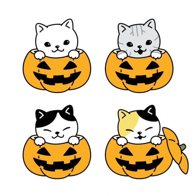 猫ハロウィンかぼちゃ子猫漫画キャライラスト プレミアムベクター