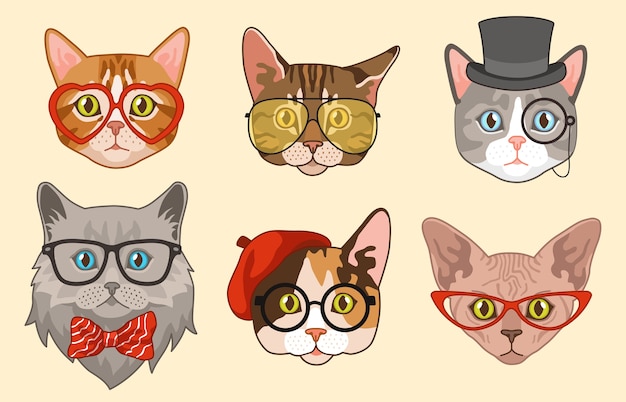 猫の頭 かわいい面白い猫のアバターの銃口 アクセサリー メガネと帽子 蝶ネクタイ 現代の動物のキャラクターを描く幸せな流行に敏感なペット プレミアムベクター