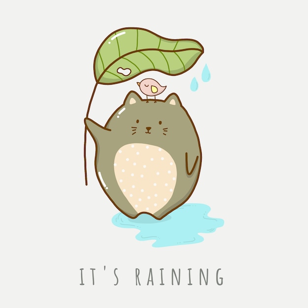 傘を保持している猫は雨が降っている動物漫画でかわいい プレミアムベクター