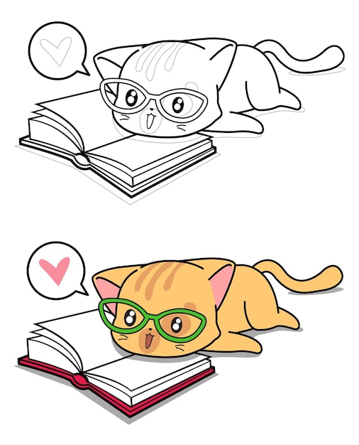 Premium Vector Cat Is Reading A Book Cartoon Coloring Page