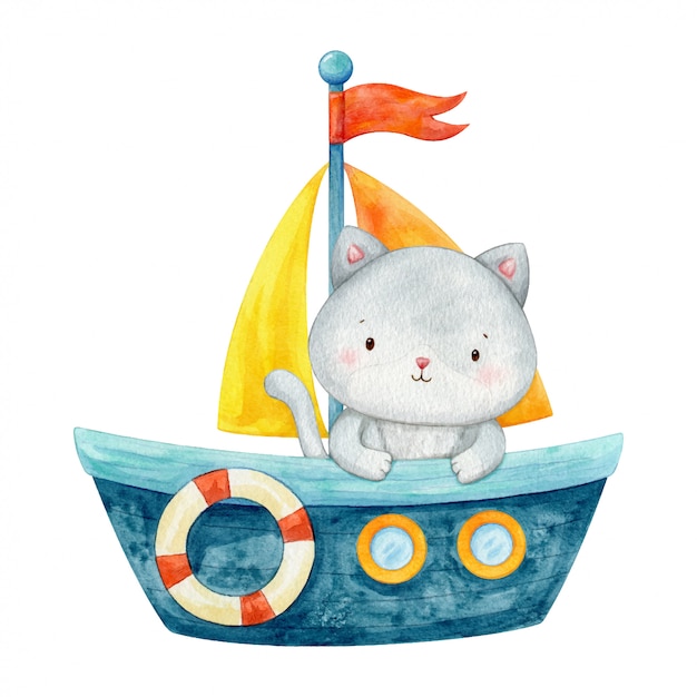 青いボートに座って外を見て猫の子供 かわいいキャラクターイラスト手描きの水彩画 プレミアムベクター