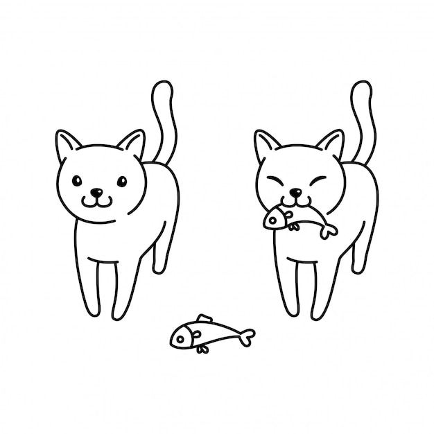 猫子猫魚イラスト プレミアムベクター