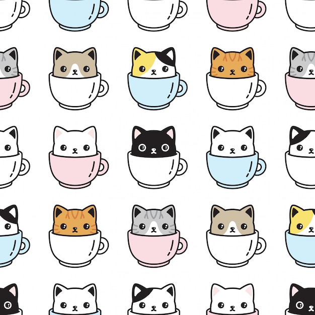 Premium Vector Cat kitten seamless pattern coffee cup pet cartoon