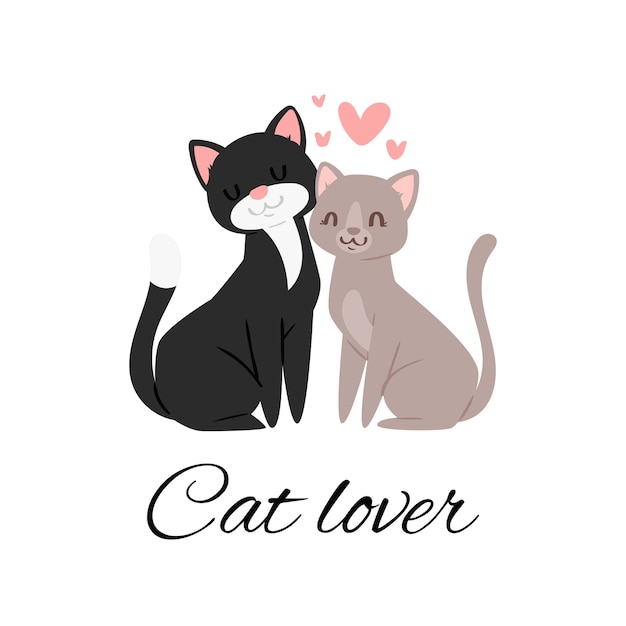 猫の恋人レタリングイラスト ピンクの愛情のこもったハート ロマンチックなデートのペットと一緒に座っているかわいい幸せな猫 プレミアムベクター
