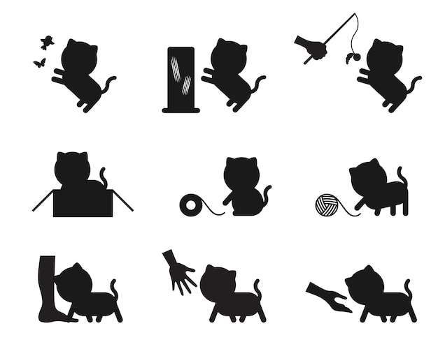 Premium Vector | Cat playing action story silhouette icons set