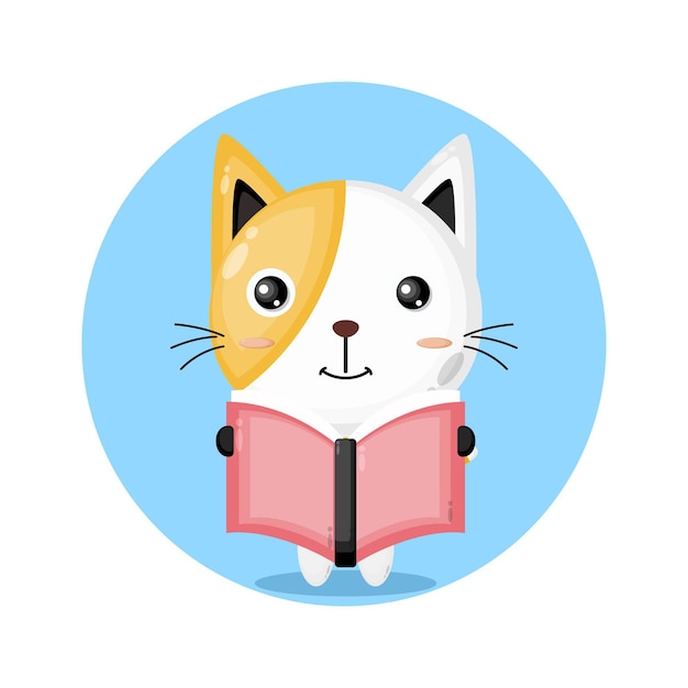 本を読んでいる猫かわいいキャラクターのロゴ プレミアムベクター