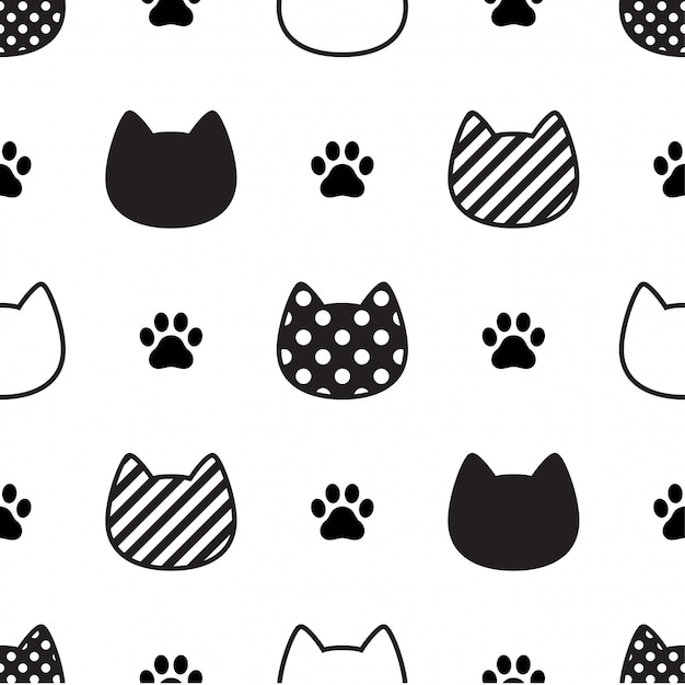 Cat seamless pattern kitten head paw footprint illustration | Premium Vector