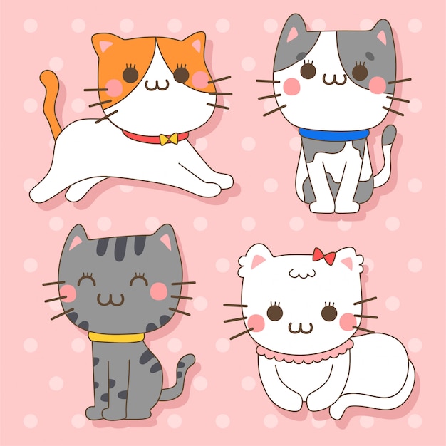 猫 かわいい動物のかわいいキャラクターイラストのセット プレミアムベクター