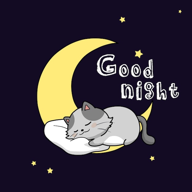 Premium Vector | Cat sleeping in the moon light cartoon illustration