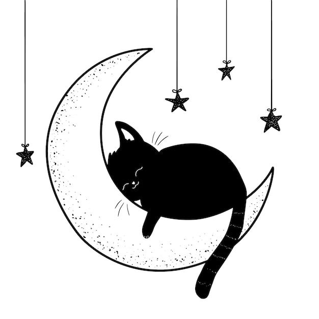 プレミアムベクター 月のイラストで寝ている猫