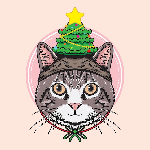 猫はクリスマス松の木の帽子のイラストを着用します  プレミアムベクター