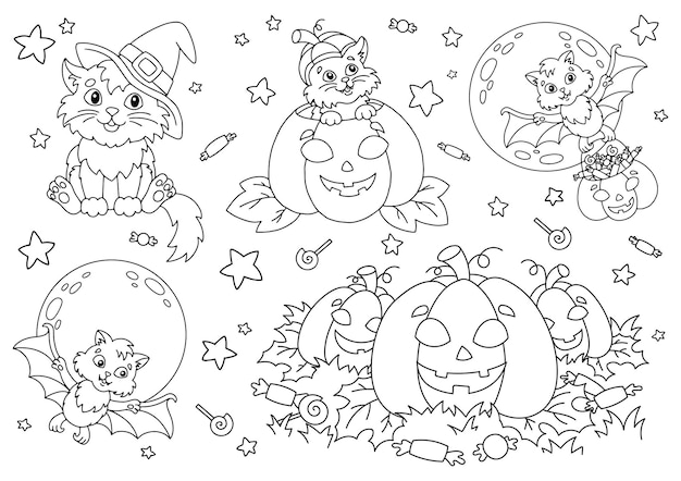 Premium Vector | Cat in a witch hat bat pumpkin candy halloween theme ...