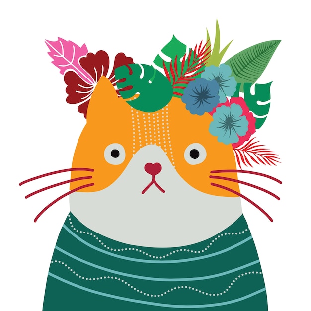 Premium Vector | Cat with a floral crown made out of ...