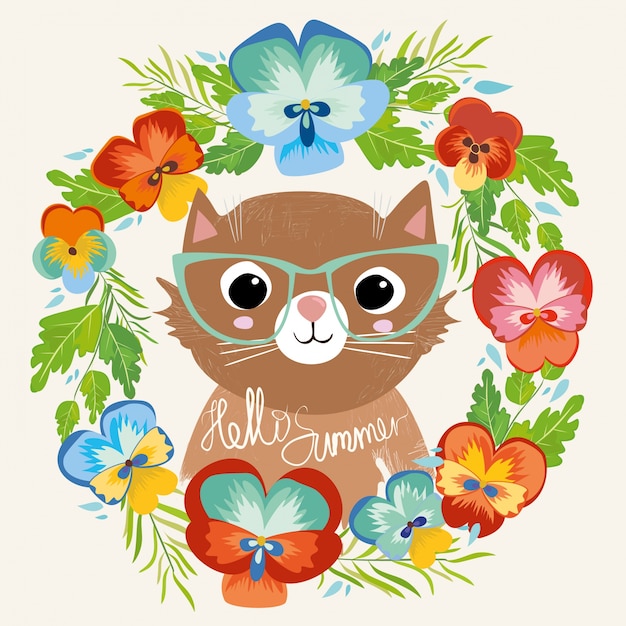 Download Cat with glasses in a flower Vector | Free Download