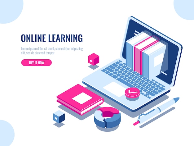 Catalog of online courses isometric icon, online education, internet learning