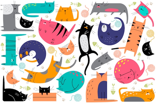 猫の落書きセット さまざまなポーズで飼いならされた動物キティ子猫ペットの創造的な幼稚なパターンのコレクション 子供のための人間 の友人のシームレスなテクスチャイラスト プレミアムベクター