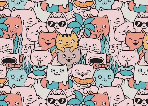  Cats summer beach doodle pattern background