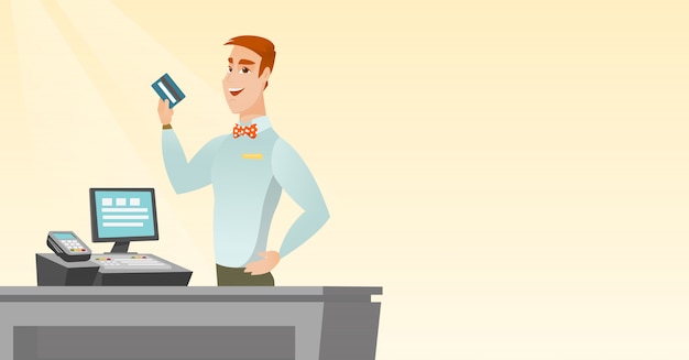 Caucasian cashier holding a credit card. Premium Vector