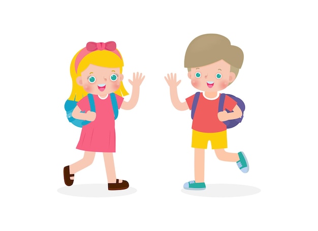 Premium Vector | Caucasian children with the backpack saying goodbye to ...