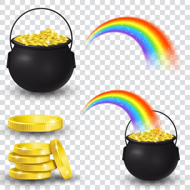 Cauldron full of gold coins and rainbow Premium Vector