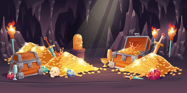 Free Vector | Cave with treasure, pile of gold coins, jewelry and gem
