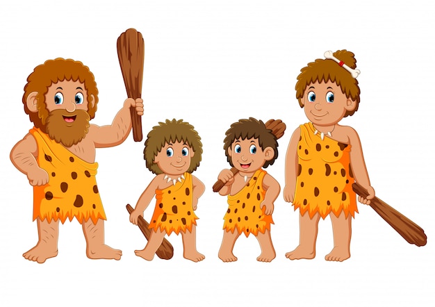 The caveman family is posing and smiling | Premium Vector