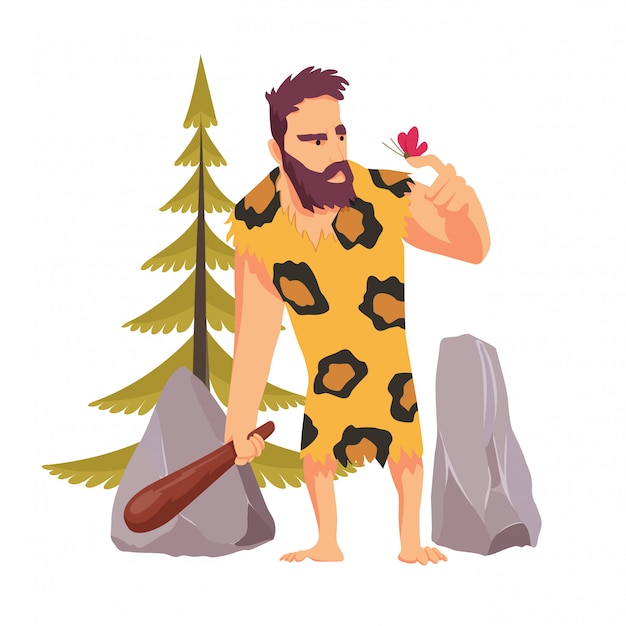 Premium Vector | Caveman with a wooden club looking at the butterfly ...