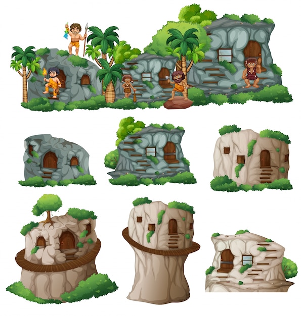 premium-vector-cavemen-and-houses-in-the-mountain