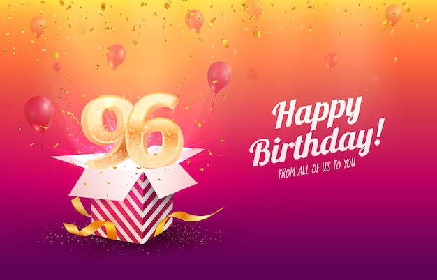 96歳の誕生日を祝うベクトルイラスト 96周年記念のお祝いの背景 大人の誕生日 休日の番号が飛んでいるギフトボックスを開く プレミアムベクター
