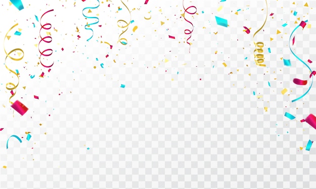 Premium Vector | Celebration background with confetti and colorful ribbons.