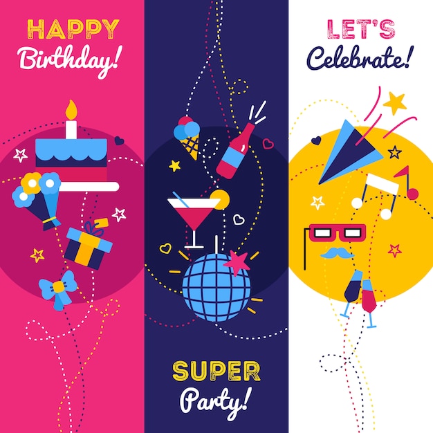Celebration party and birthday banners with\
gifts petard bottle of champagne and cake