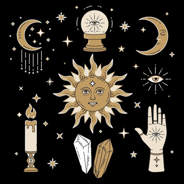 太陽の月の結晶のアイコンとシンボルの天体の魔法のイラスト邪眼魔女の手 プレミアムベクター