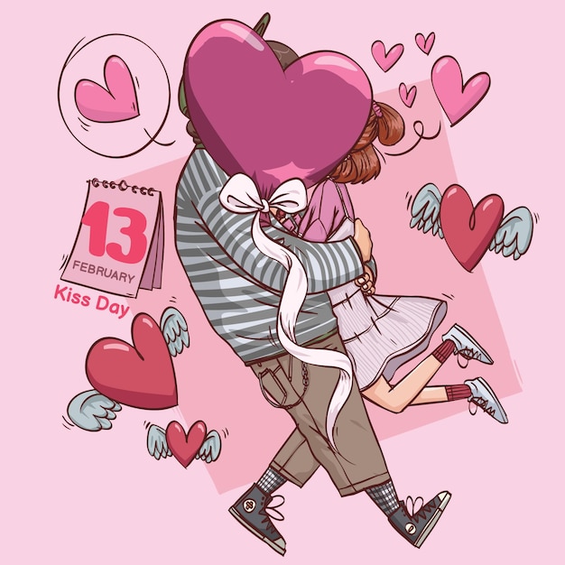 検閲されたキスの日超かわいい愛陽気なロマンチックなバレンタインカップルデートギフト手描きフルカラーイラスト プレミアムベクター