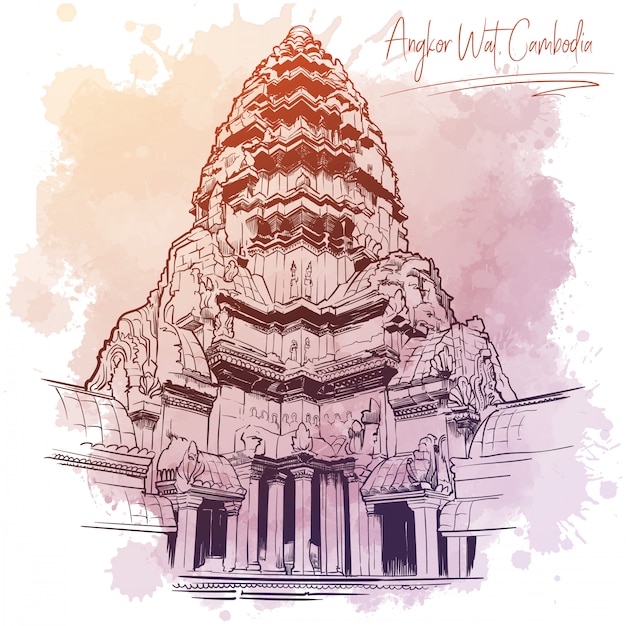 Premium Vector Centerpiece of the angkor wat temple. linear drawing