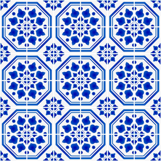 プレミアムベクター セラミックタイルパターン青と白のアンティーク壁紙 イラスト