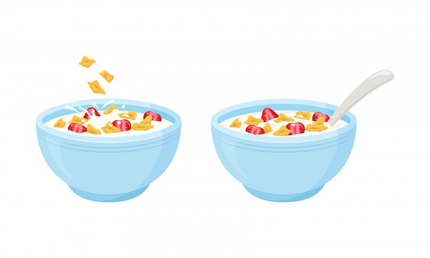 Cereal Flake Milk Breakfast Bowl Rolled Oats With Strawberry Illustration Premium Vector