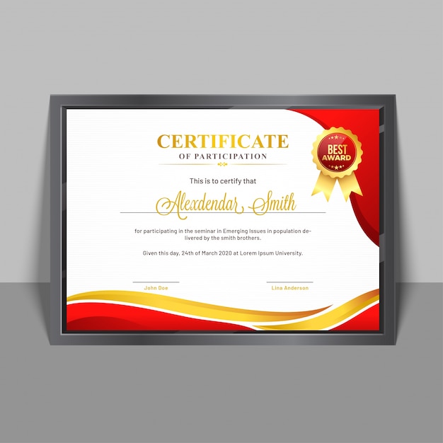 Certificate Of Participation Template With Yellow And Red Abstract